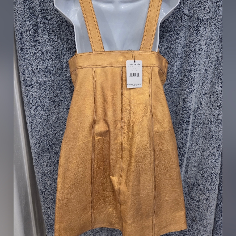NWT Free People GOLD Genuine Leather Sweetheart Neckline Button Mini Dress - Picture 5 of 8